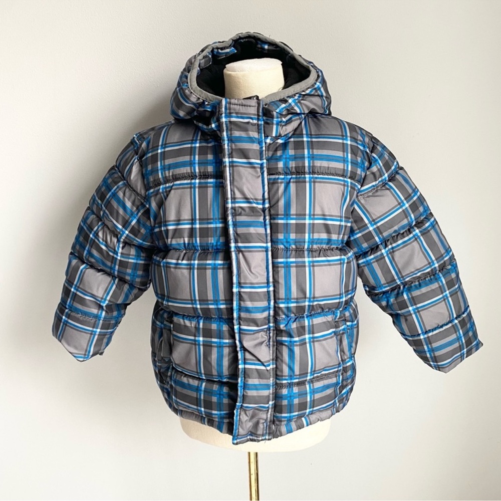 Healthtex Grey/Blue Stripes Print Baby Boy Bubble Hooded Winter Jacket